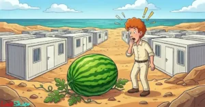 Estaba construyendo un campamento y en aquel terreno árido me encontré una sandía de un gran tamaño, y es que sandías así se producían de forma espontánea, sin cuidados. ¿Anda que si se llegan a cuidar!